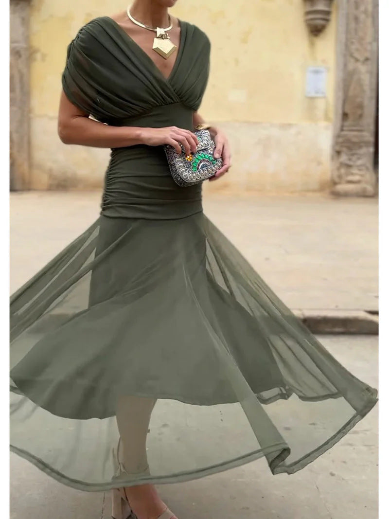 Women's Wrap Maxi Dress – Sheer Short Sleeves