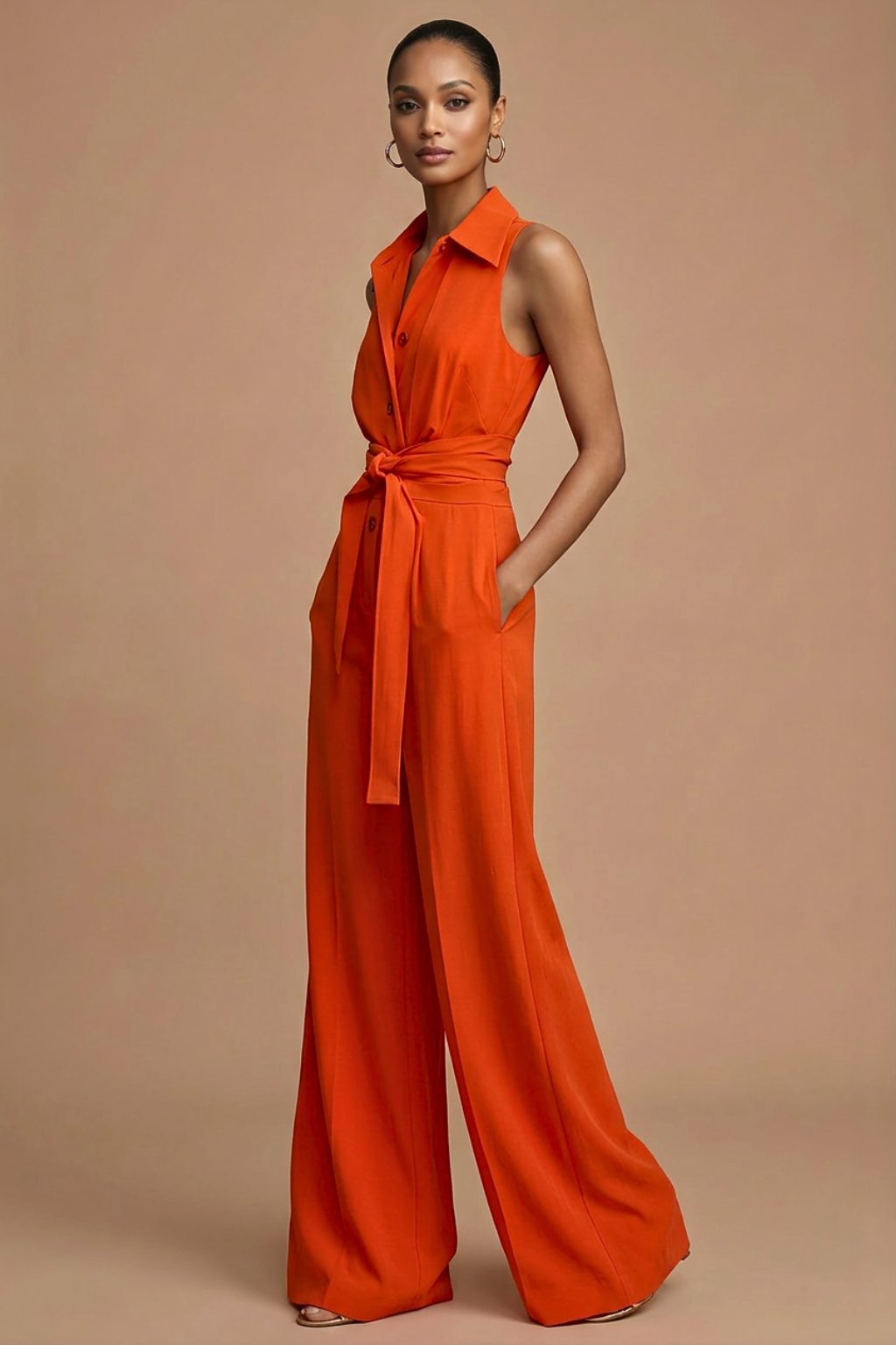 Women's Sleeveless Wide-Leg Jumpsuit – Belted Shirt Collar