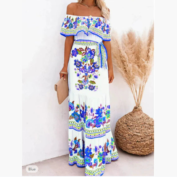Women's Off-Shoulder Maxi Dress – Belted Flared Hem