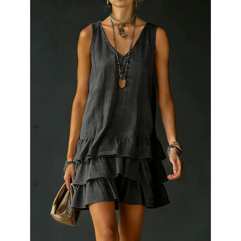 Women's Sleeveless V-Neck Mini Dress – Cotton-Linen Relaxed Fit