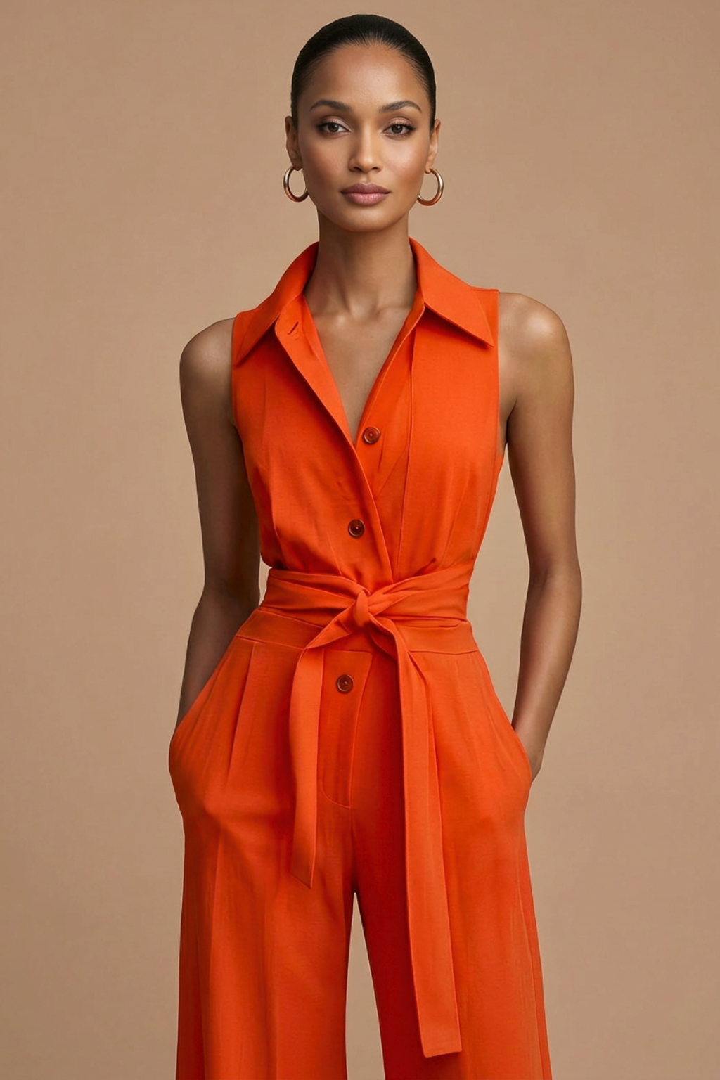 Women's Sleeveless Wide-Leg Jumpsuit – Belted Shirt Collar