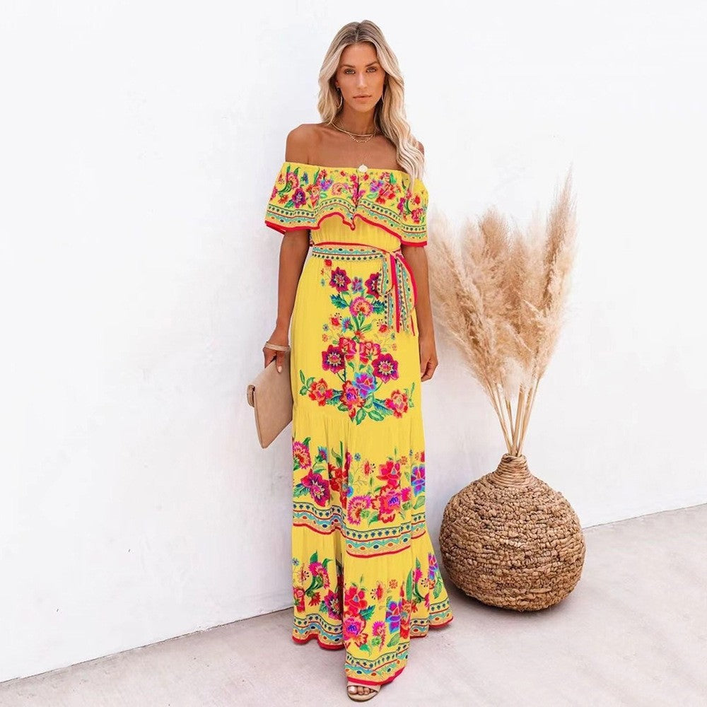 Women's Off-Shoulder Maxi Dress – Belted Flared Hem