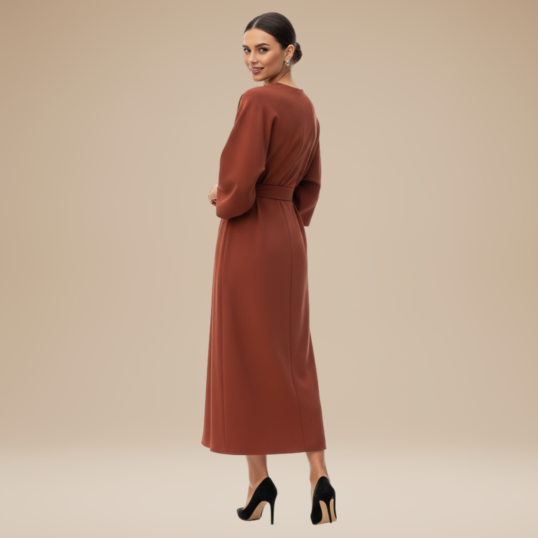 Women's Belted Wrap Midi Dress – Wide Flowing Sleeves