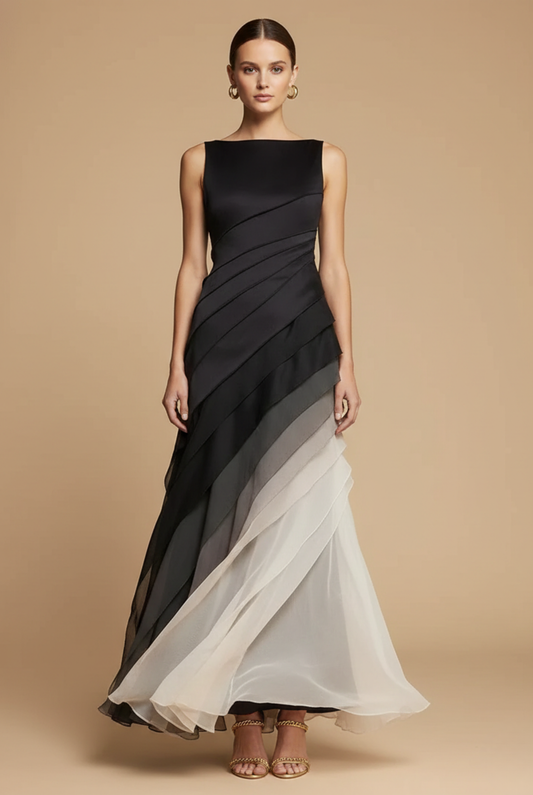 Women's Chiffon Maxi Dress – Layered Asymmetric Ombre