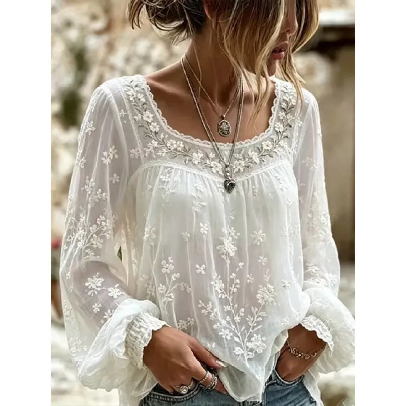 Women's Embroidered Linen-Blend Blouse – Relaxed Long Sleeve