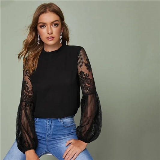 Women's Embroidered Chiffon Blouse – Lantern Sleeve Ruffle Collar