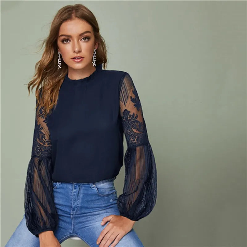Women's Embroidered Chiffon Blouse – Lantern Sleeve Ruffle Collar