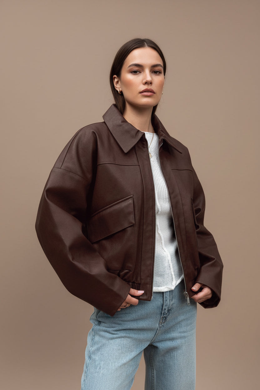 Women's Vegan Leather Jacket – Patchwork Relaxed Fit