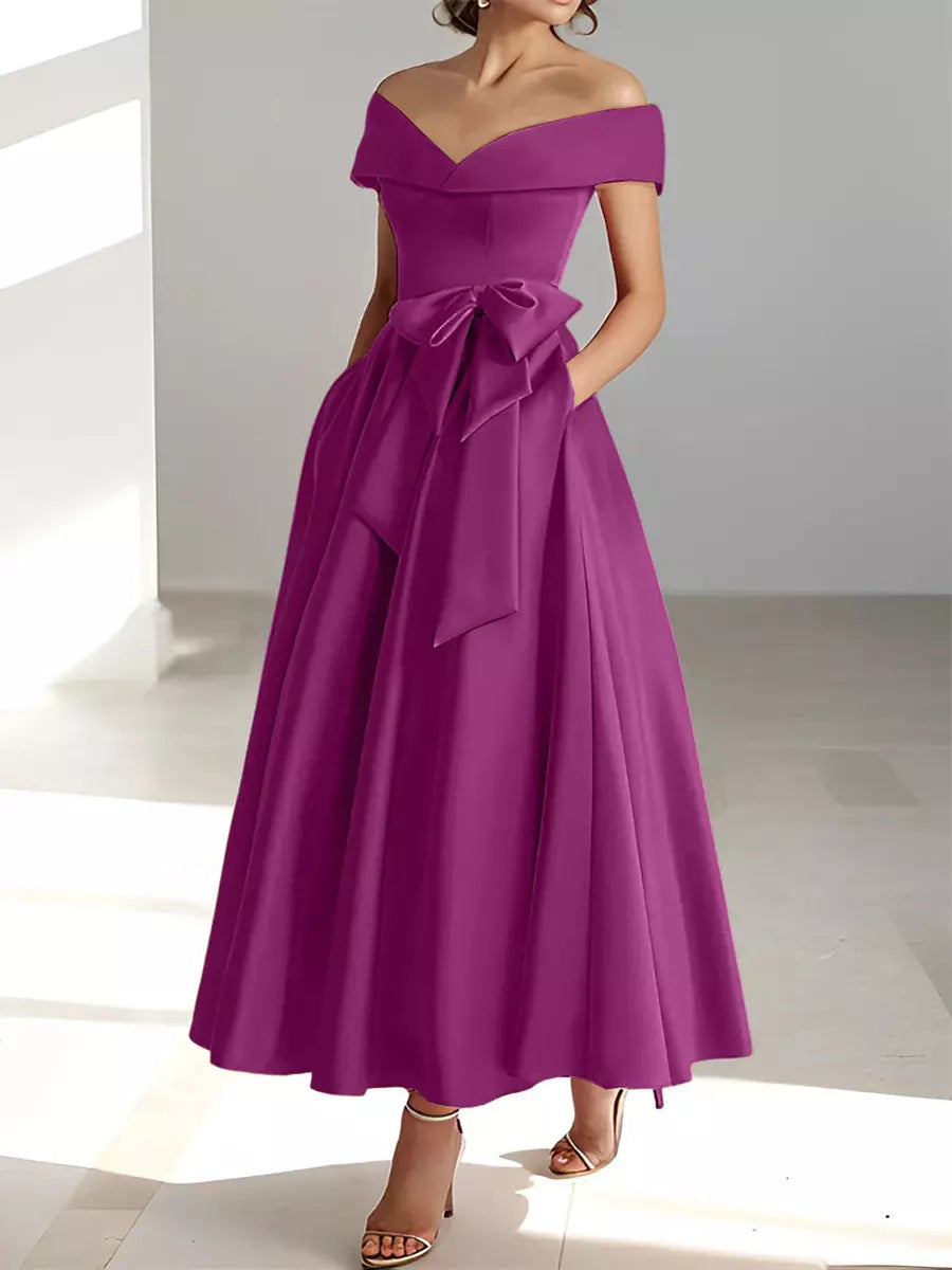 Women's Satin A-Line Dress – Off-Shoulder Ankle Length