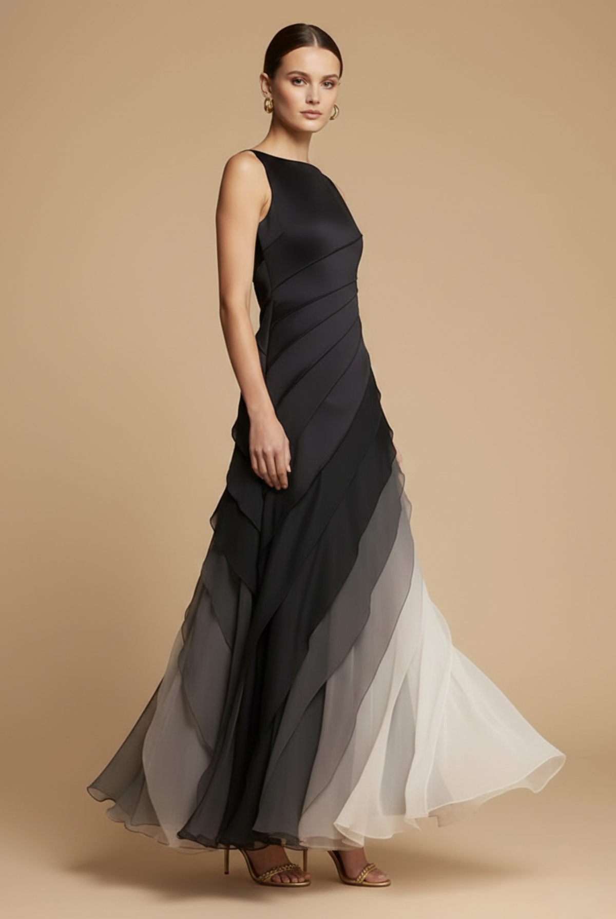 Women's Chiffon Maxi Dress – Layered Asymmetric Ombre