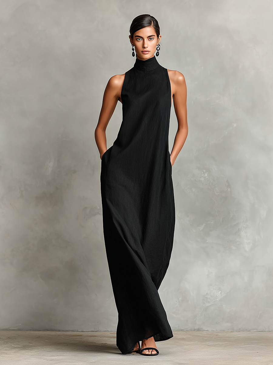 Women's High-Neck Maxi Dress – Floor-Length Flowing Fit