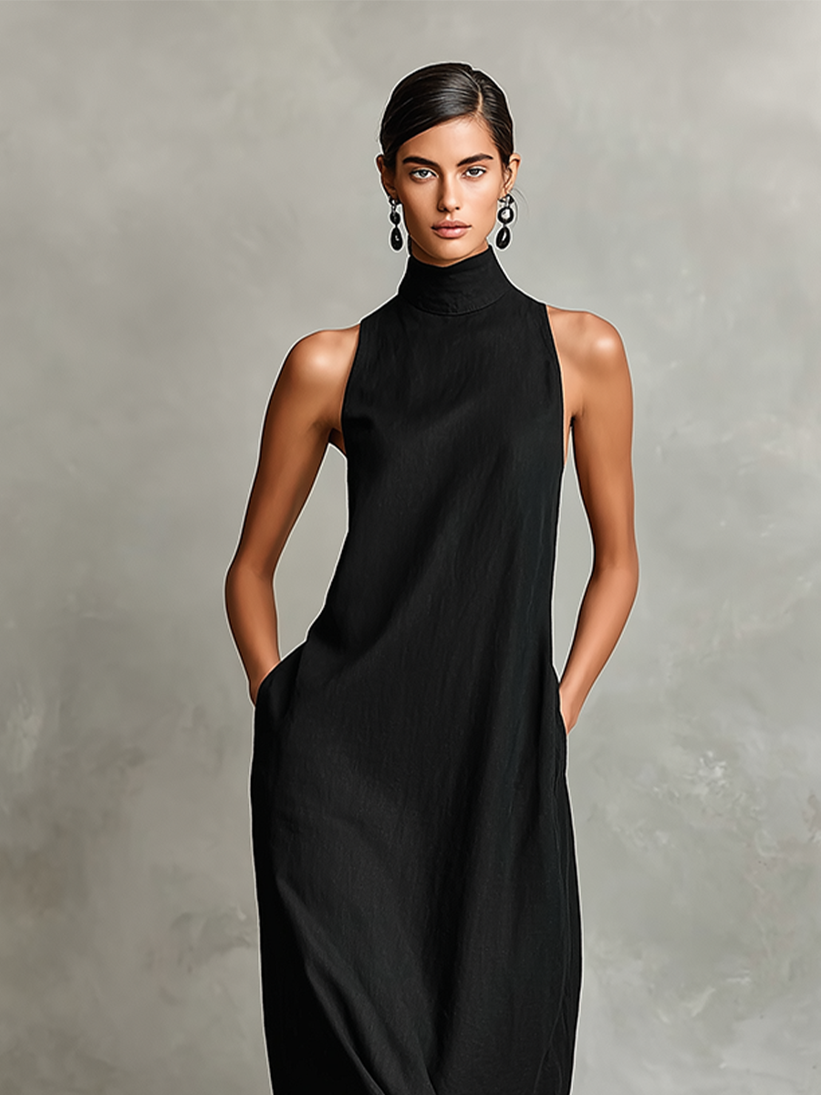 Women's High-Neck Maxi Dress – Floor-Length Flowing Fit