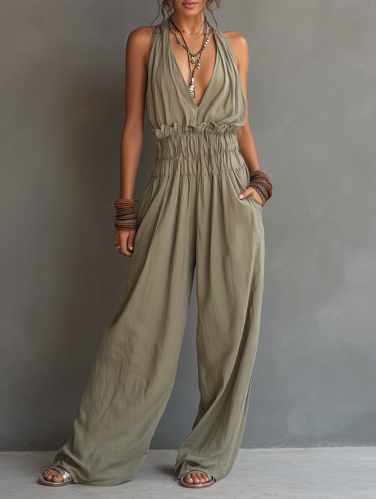 Women's V-Neck Jumpsuit – Adjustable Strap Cinched Waist