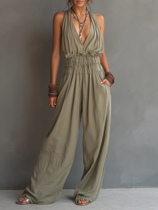 Women's V-Neck Jumpsuit – Adjustable Strap Cinched Waist