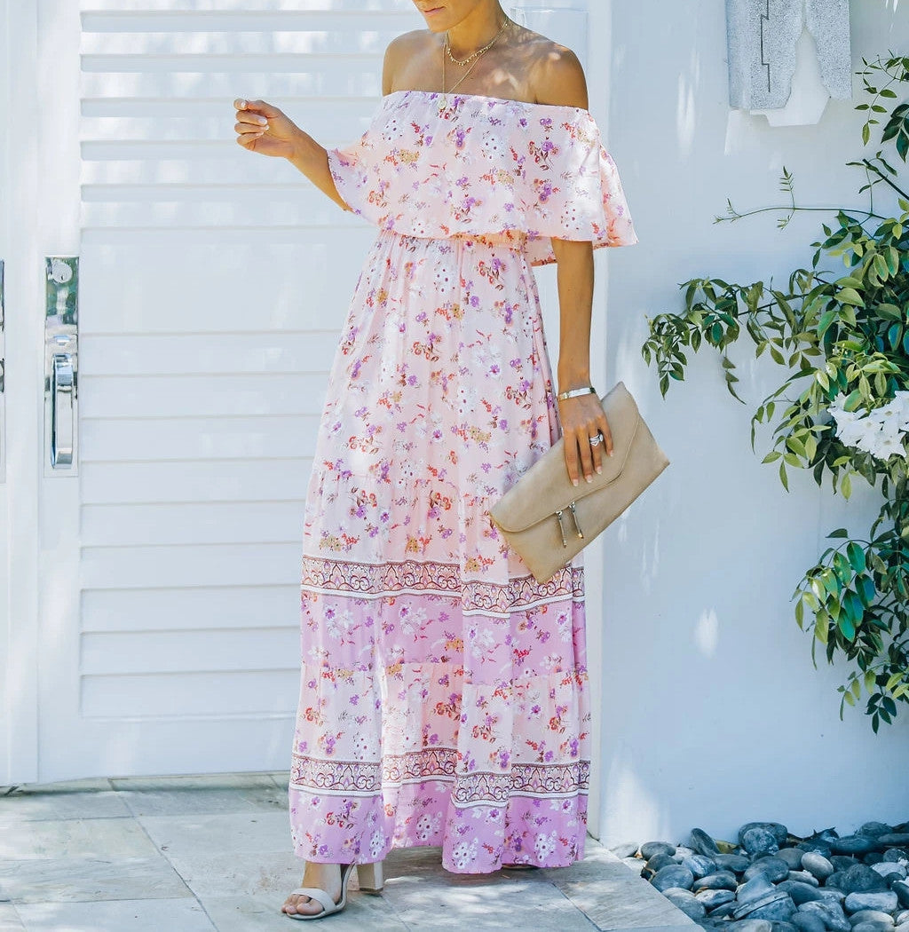 Women's Off-Shoulder Maxi Dress – Belted Flared Hem