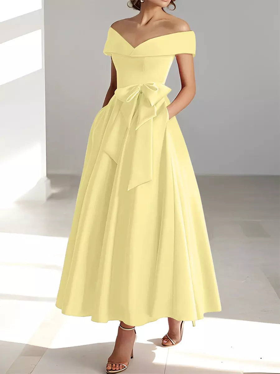 Women's Satin A-Line Dress – Off-Shoulder Ankle Length