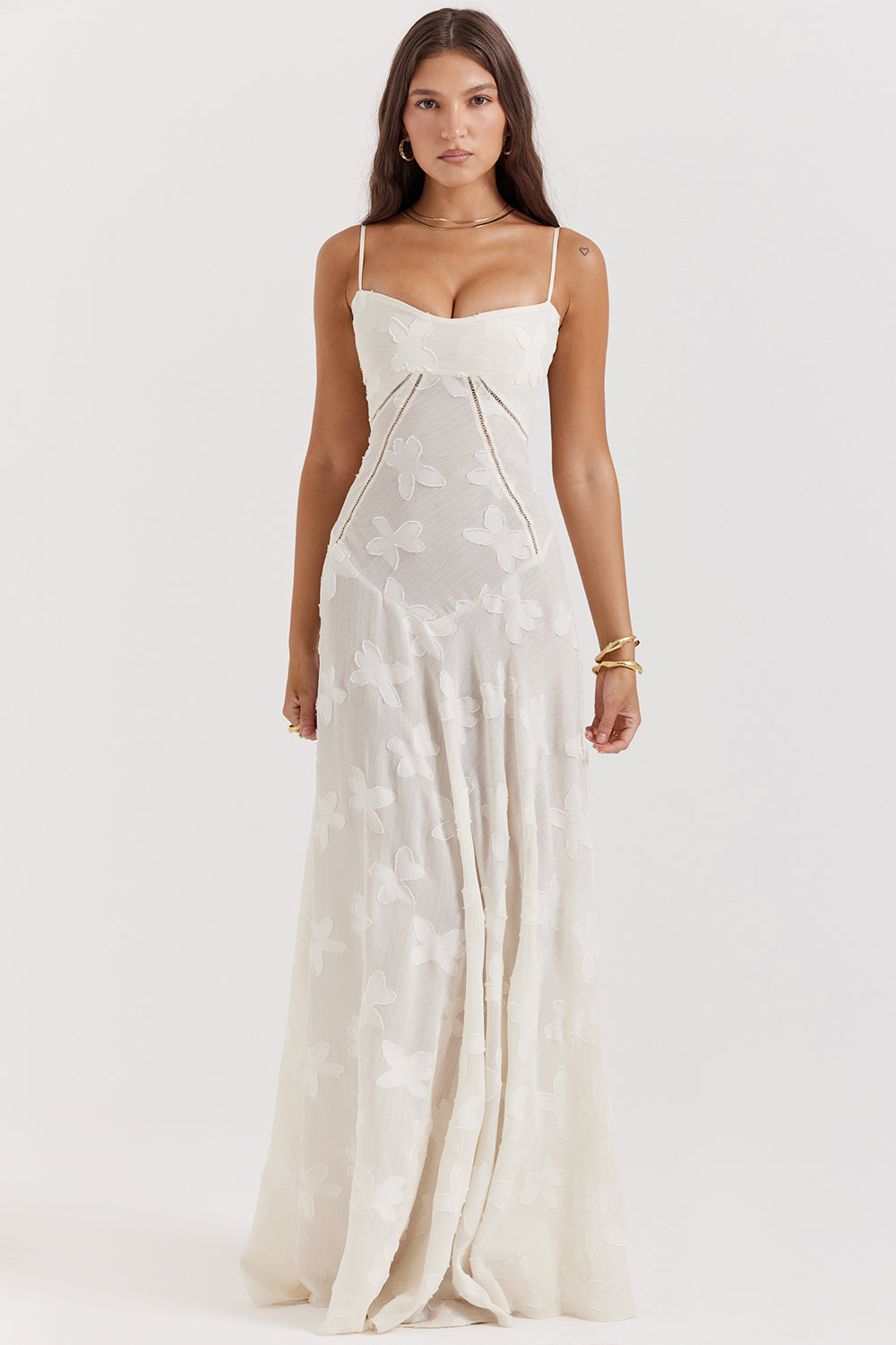 Women's Strappy Maxi Dress – Embroidered Flared Hem