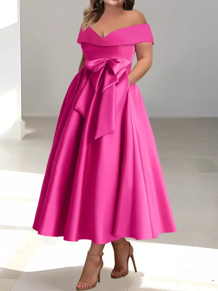 Women's Satin A-Line Dress – Off-Shoulder Ankle Length