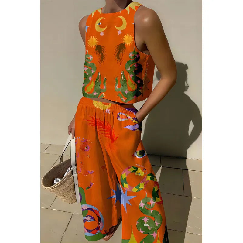 Women's Cropped Top and Wide-Leg Pants Set – Celestial Print