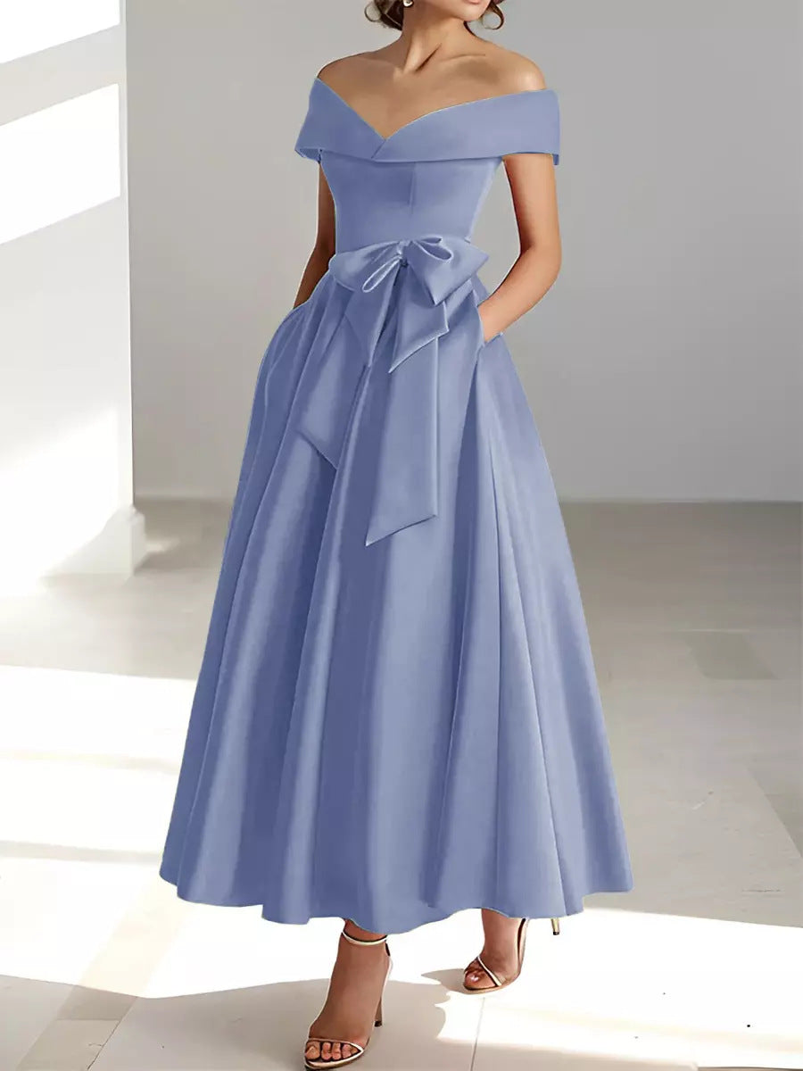 Women's Satin A-Line Dress – Off-Shoulder Ankle Length