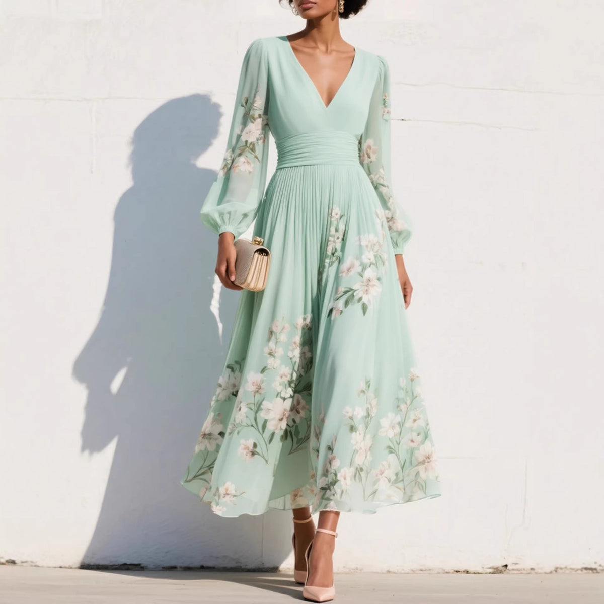 Women's Pleated Chiffon Maxi Dress – Long Sleeve Flared