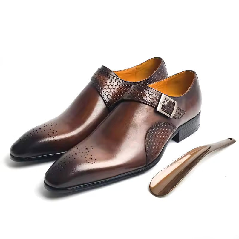 Men's Monk Strap Dress Shoe – Carved Leather Pointed Toe