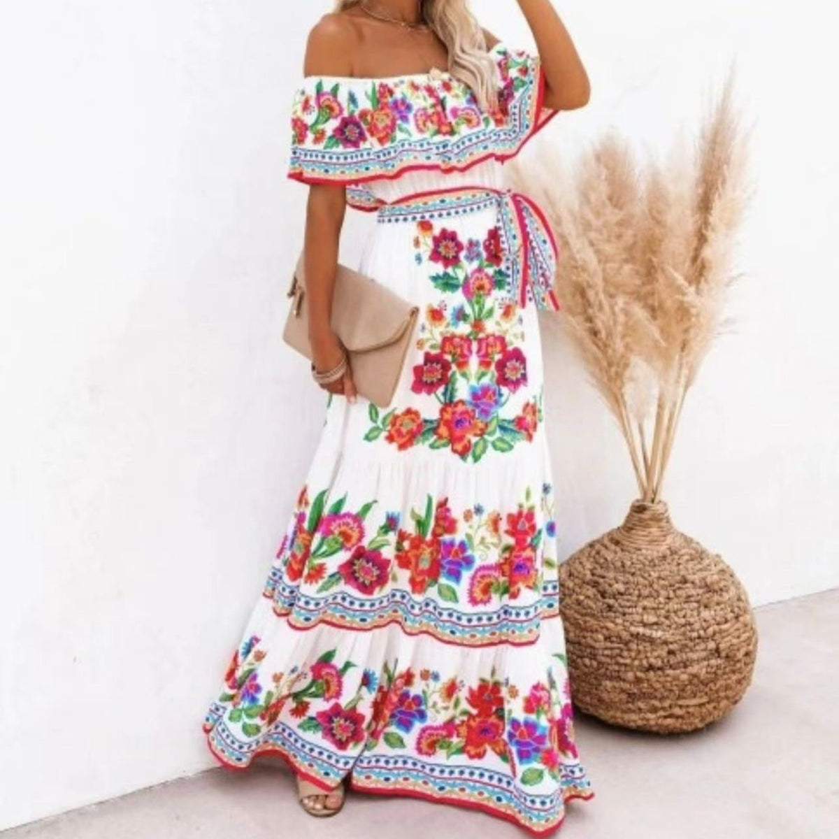 Women's Off-Shoulder Maxi Dress – Belted Flared Hem