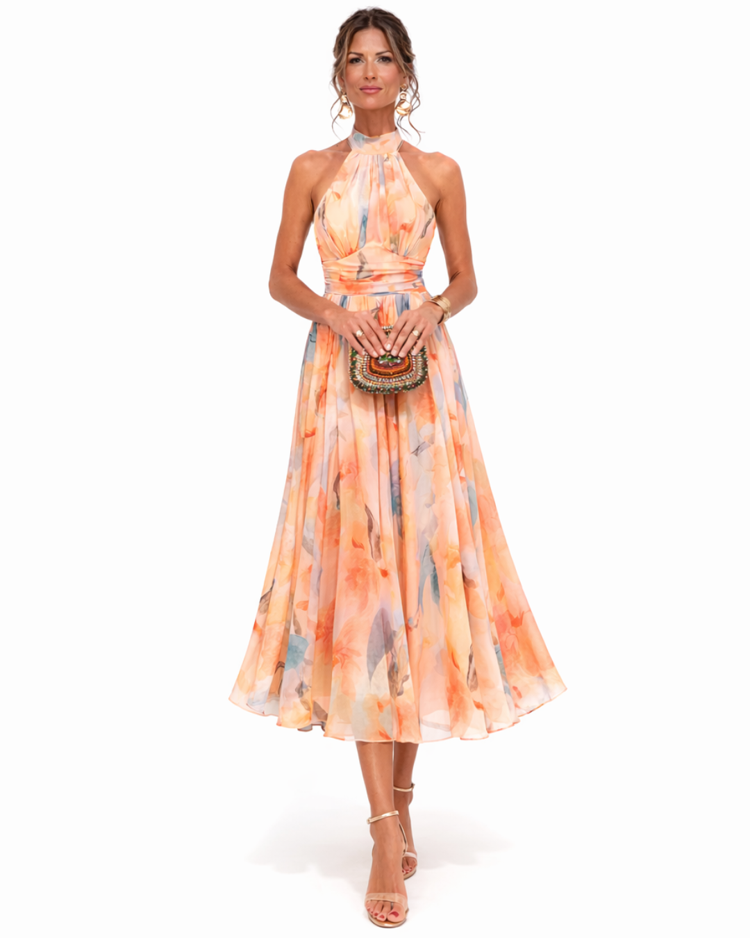Women's Printed Halterneck Midi Dress – Gathered Tie Neck