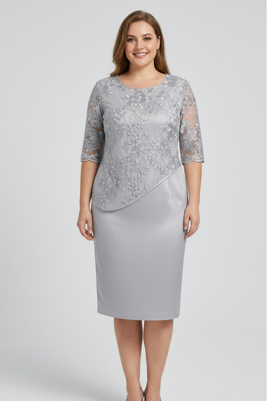 Women's Embroidered Midi Dress – Sheer Lace Sleeves