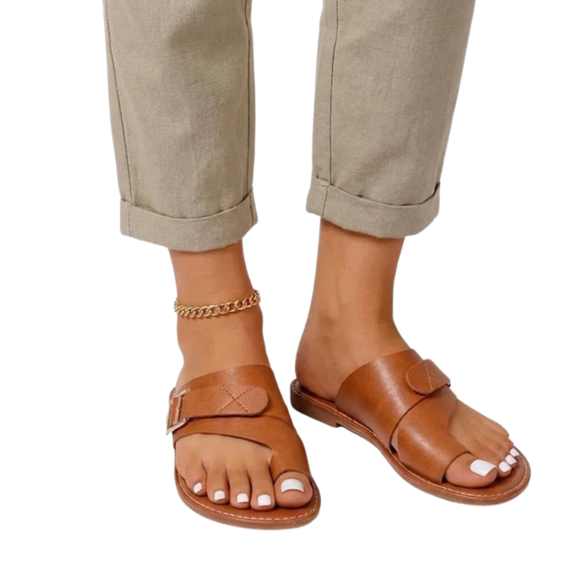 Women's Leather Flat Sandals – Square Toe Buckle Strap