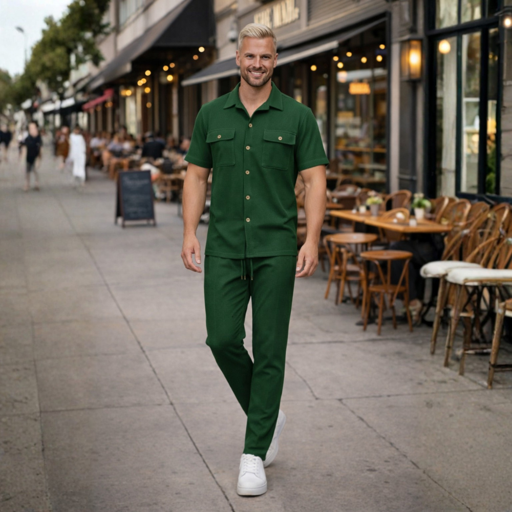 Men's Waffle-Knit Shirt and Shorts Set – Relaxed Matching Fit