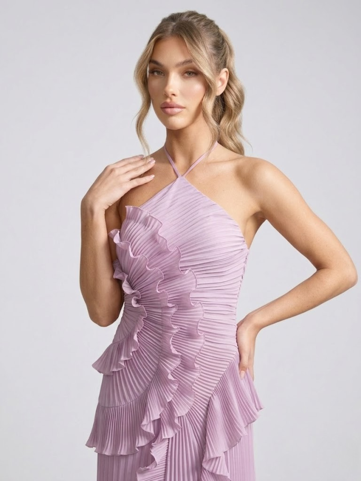 Women's Halter Midi Dress – Micro-Pleated Ruffle Cascade