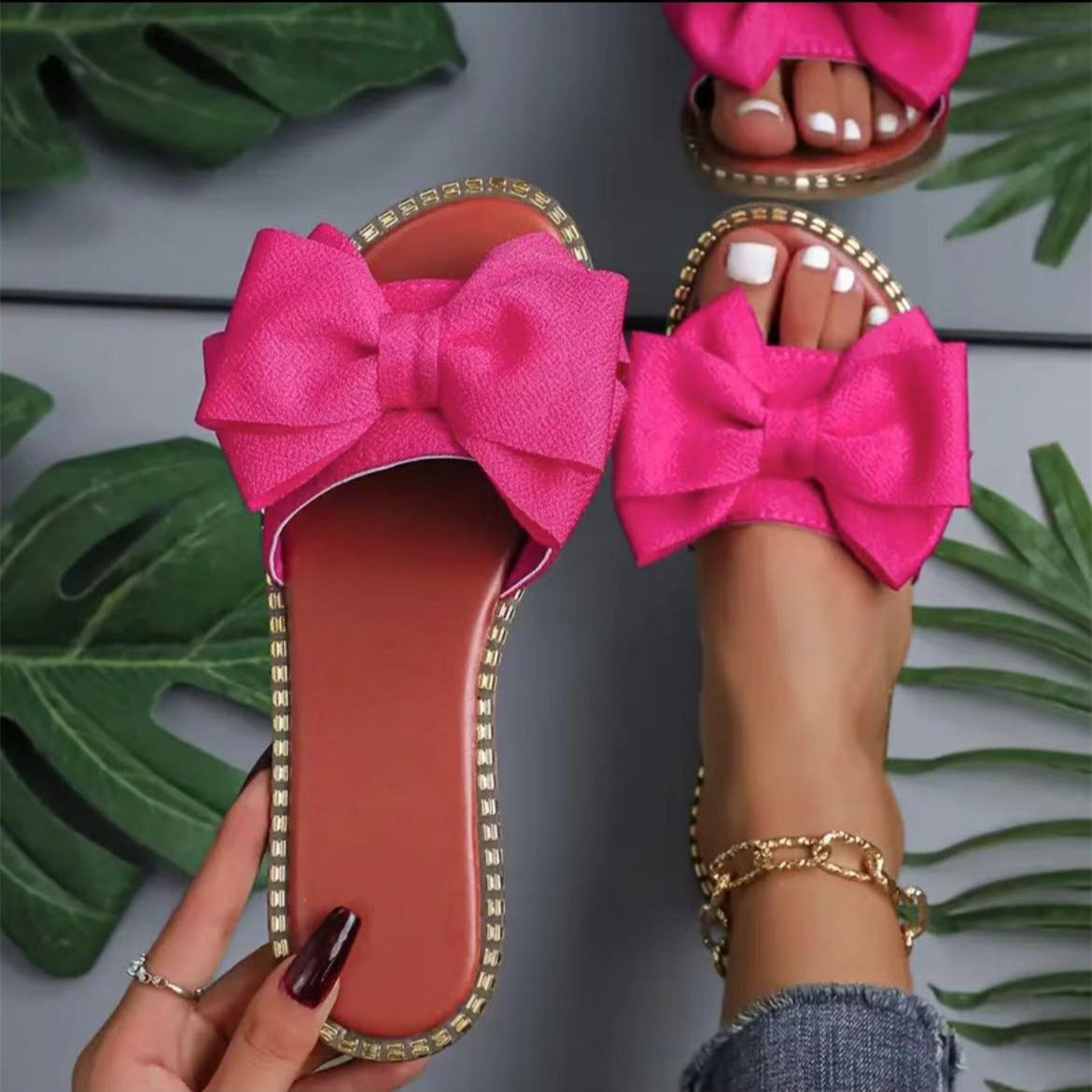 Women's Flat Mule Sandals – Bow Toe Band