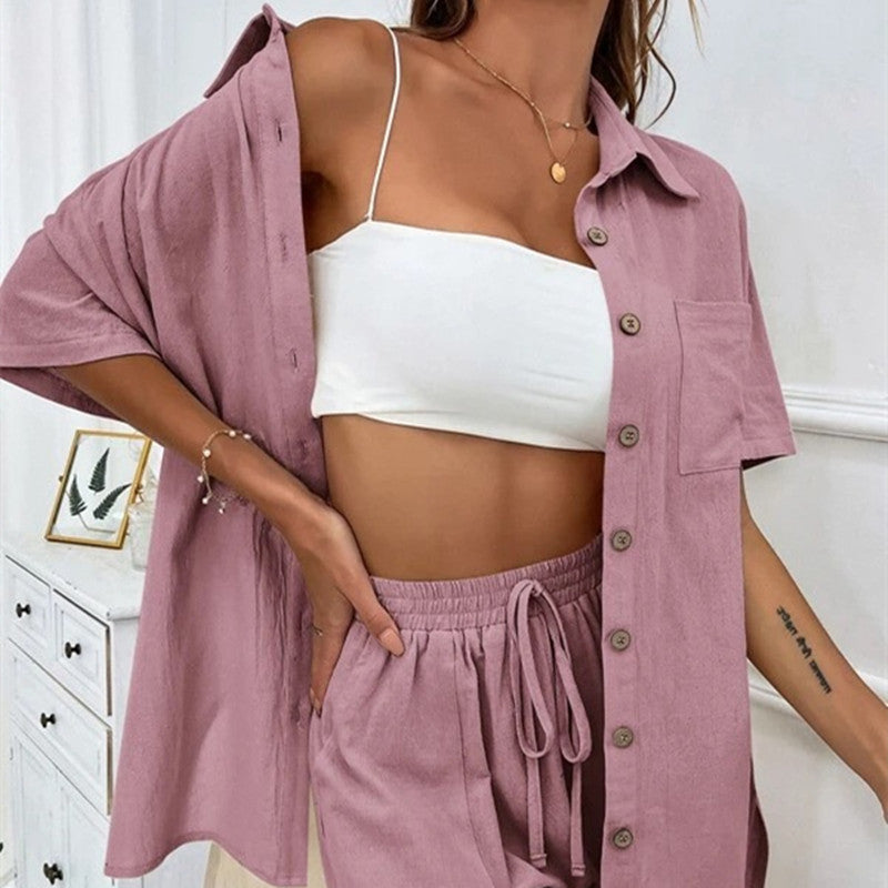 Women's Two-Piece Shirt and Shorts Set – Linen-Look Cotton