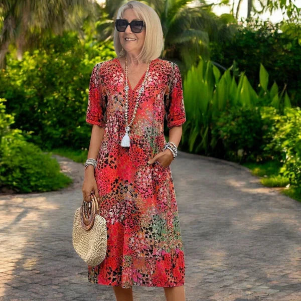 Women's Boho Midi Dress – V-Neck Relaxed Fit