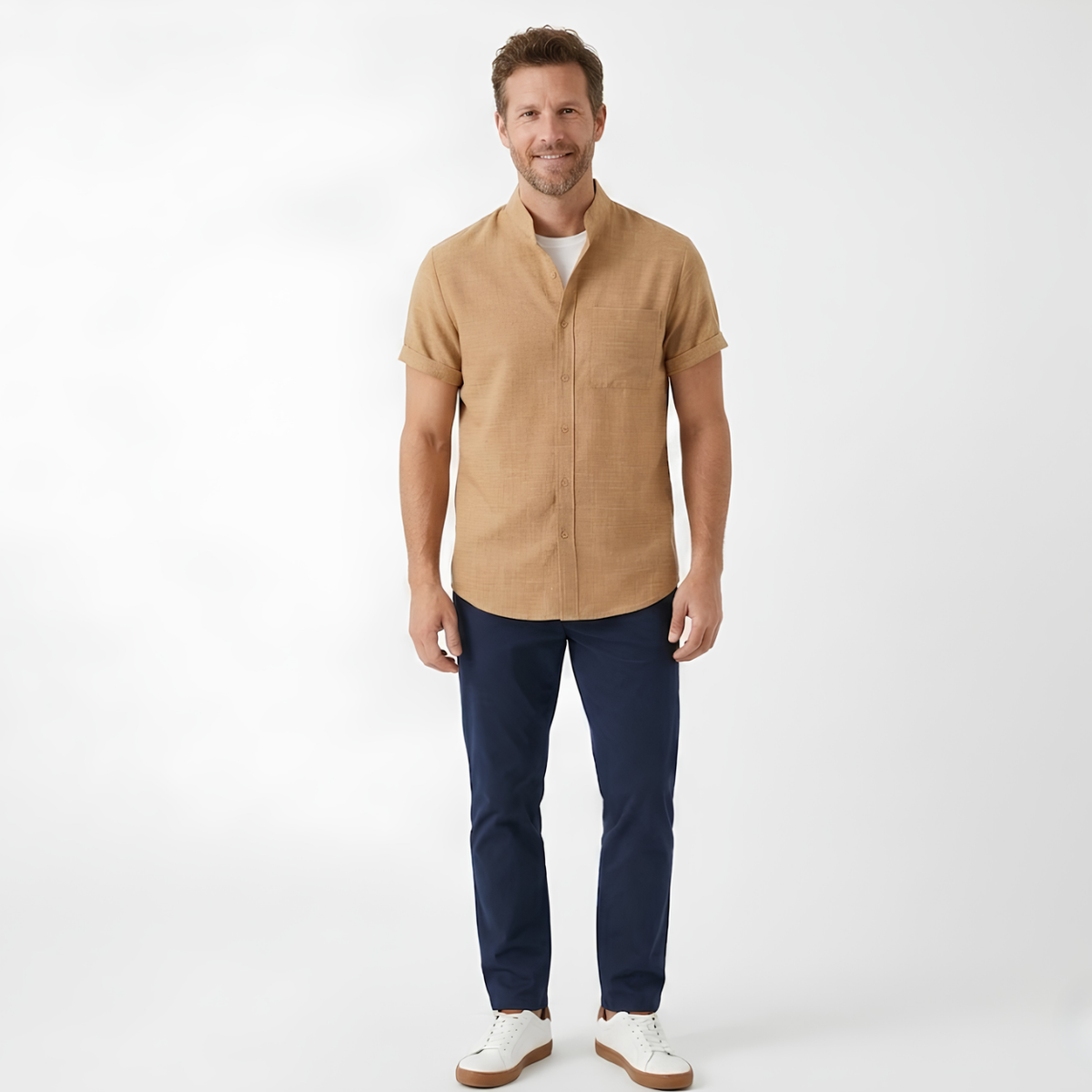 Men's Short-Sleeve Cotton-Linen Shirt – Mandarin Collar