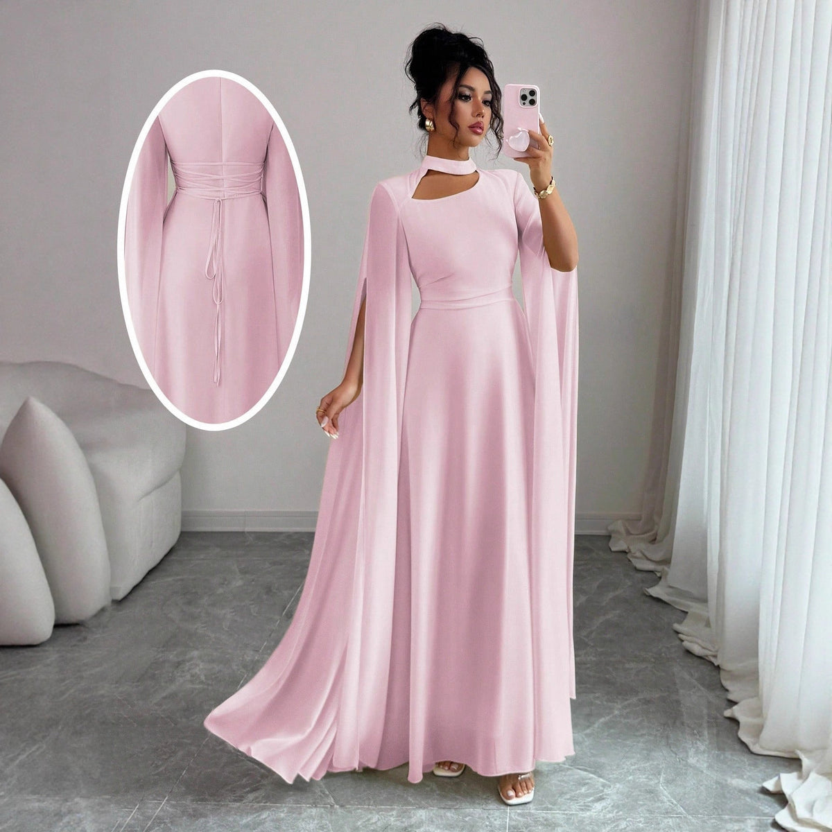 Women's Chiffon Maxi Dress – Cape Sleeve A-Line Gown