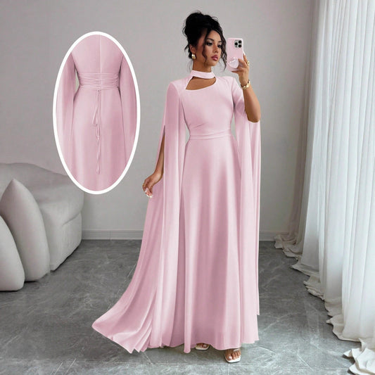 Women's Chiffon Maxi Dress – Cape Sleeve A-Line Gown