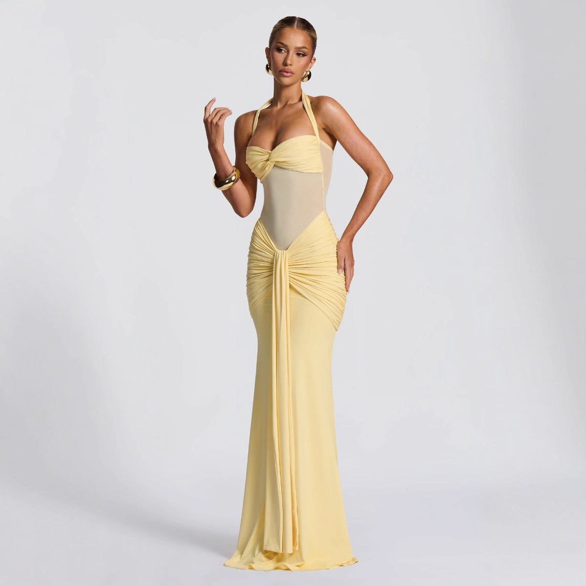 Women's Halterneck Maxi Dress – Twist Front Ruched Bodice