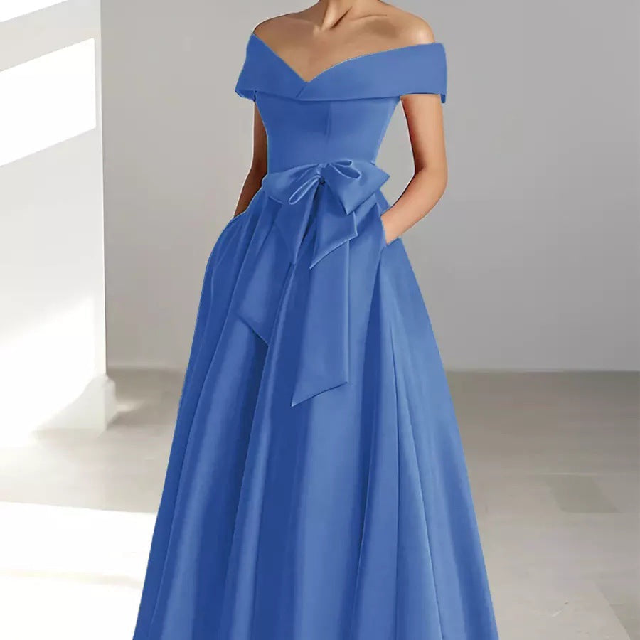 Women's Satin A-Line Dress – Off-Shoulder Ankle Length
