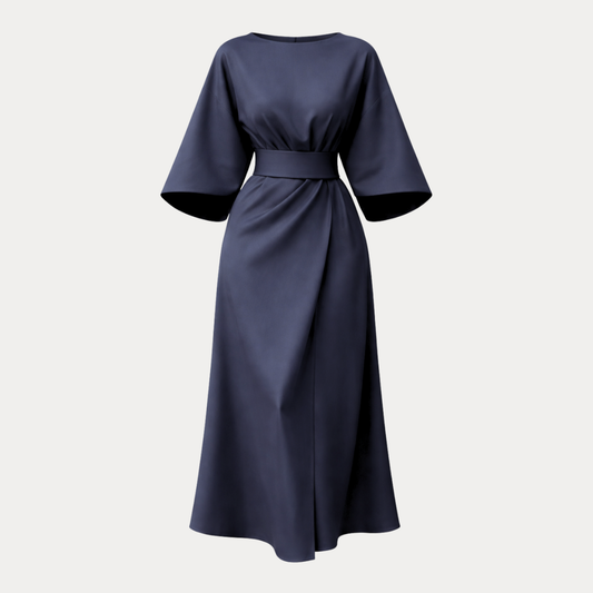Women's Belted Wrap Midi Dress – Wide Flowing Sleeves