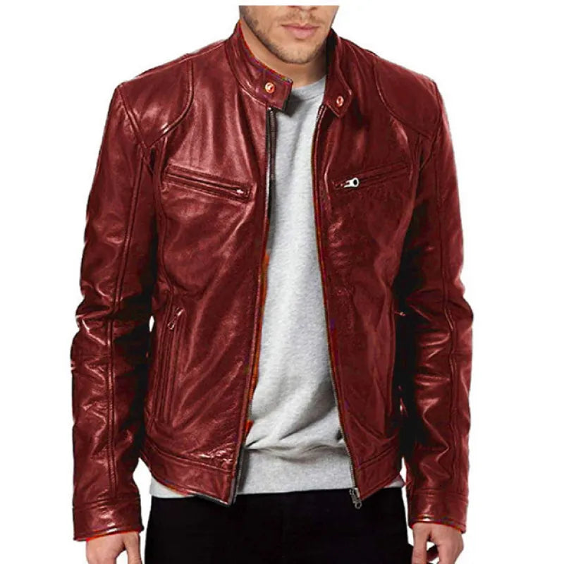 Men's Stand Collar Faux Leather Jacket – Slim Zip Front