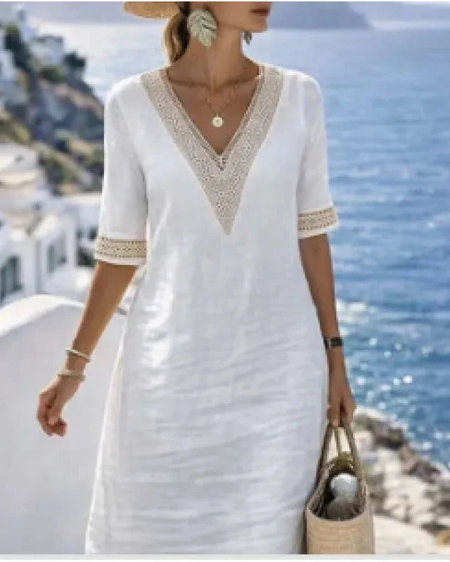 Women's Kaftan Mini Dress – Striped Trim V-Neck