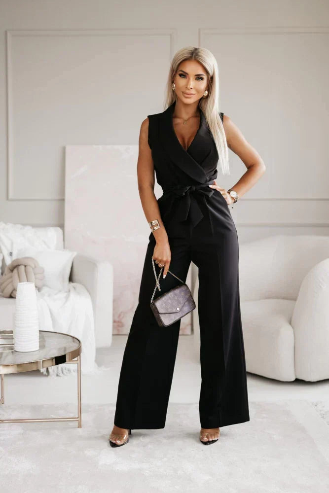 Women's Wrap Jumpsuit – Sleeveless Wide-Leg Cut