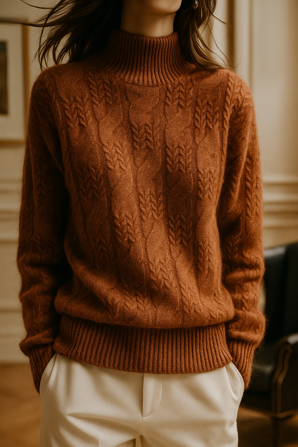 Women's Cable Knit Sweater – Half-High Collar