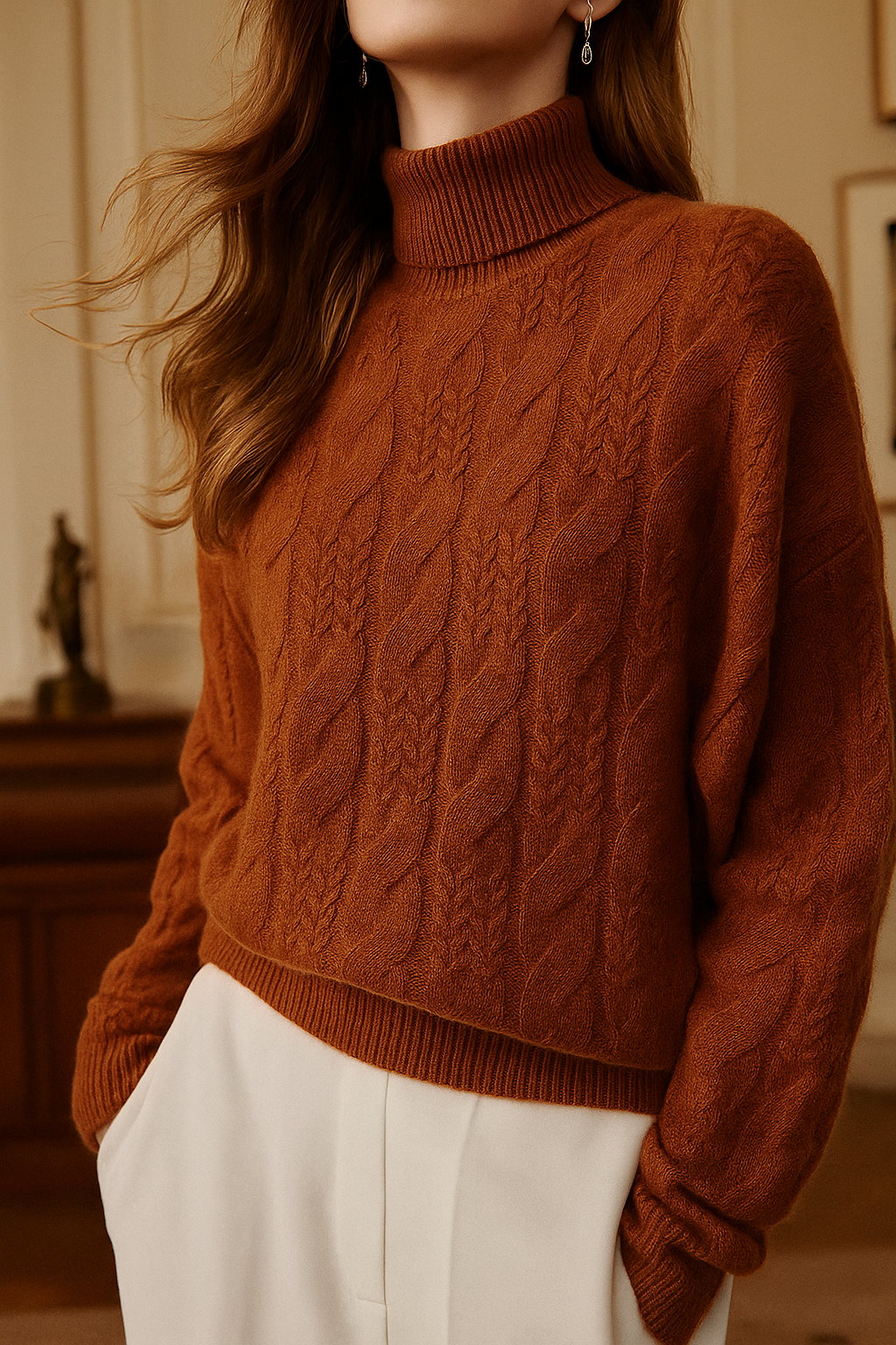 Women's Cable Knit Sweater – Half-High Collar