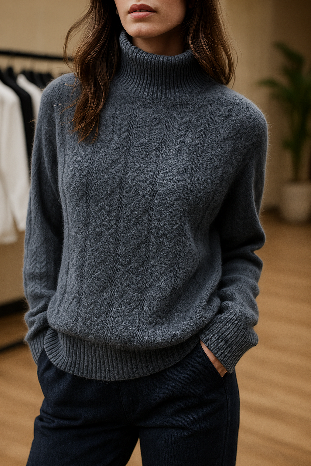 Women's Cable Knit Sweater – Half-High Collar