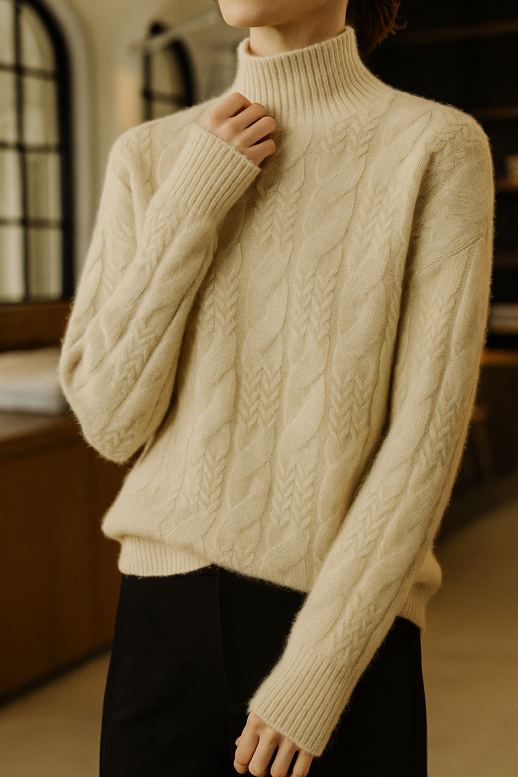 Women's Cable Knit Sweater – Half-High Collar