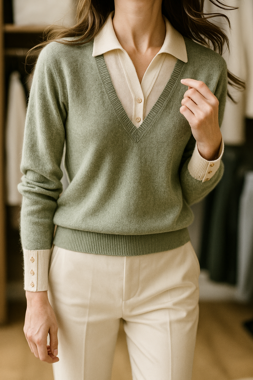 Women's Layered-Look Knit Sweater – Contrast Button Cuffs