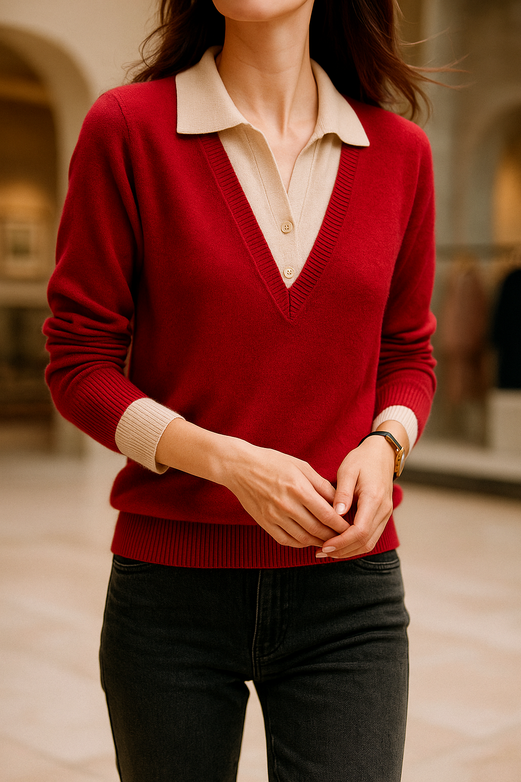 Women's Layered-Look Knit Sweater – Contrast Button Cuffs
